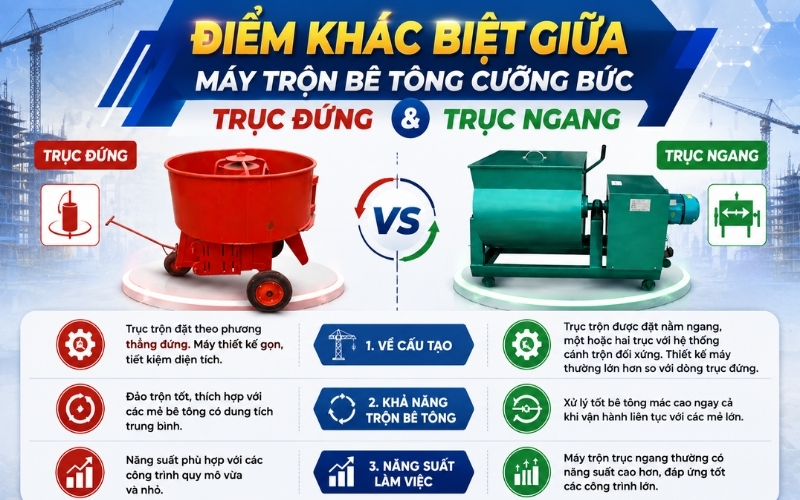 Điểm khác biệt giữa máy trộn bê tông cưỡng bức trục đứng và trục ngang